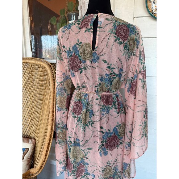 Vintage 60's Pink Floral Chiffon Style Maxi Dress Batwing Sleeves Sz L Boho - Picture 8 of 16